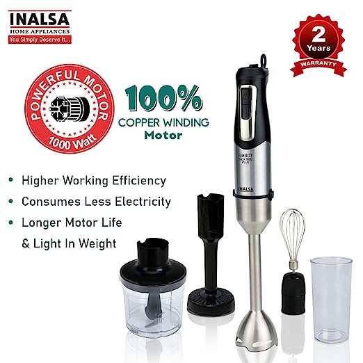 Inalsa Hand Blender Robot INOX 1000 Plus-1000 Watt with Chopper, Whisker, Potato Masher, Multipurpose Jar|Variable Speed |2 Year Warranty,(Silver/Black) Inalsa Hand Blender Robot INOX 1000 Plus-1000 Watt with Chopper, Whisker, Potato Masher, Multipurpose Jar|Variable Speed |2 Year Warranty,(Silver/Black)